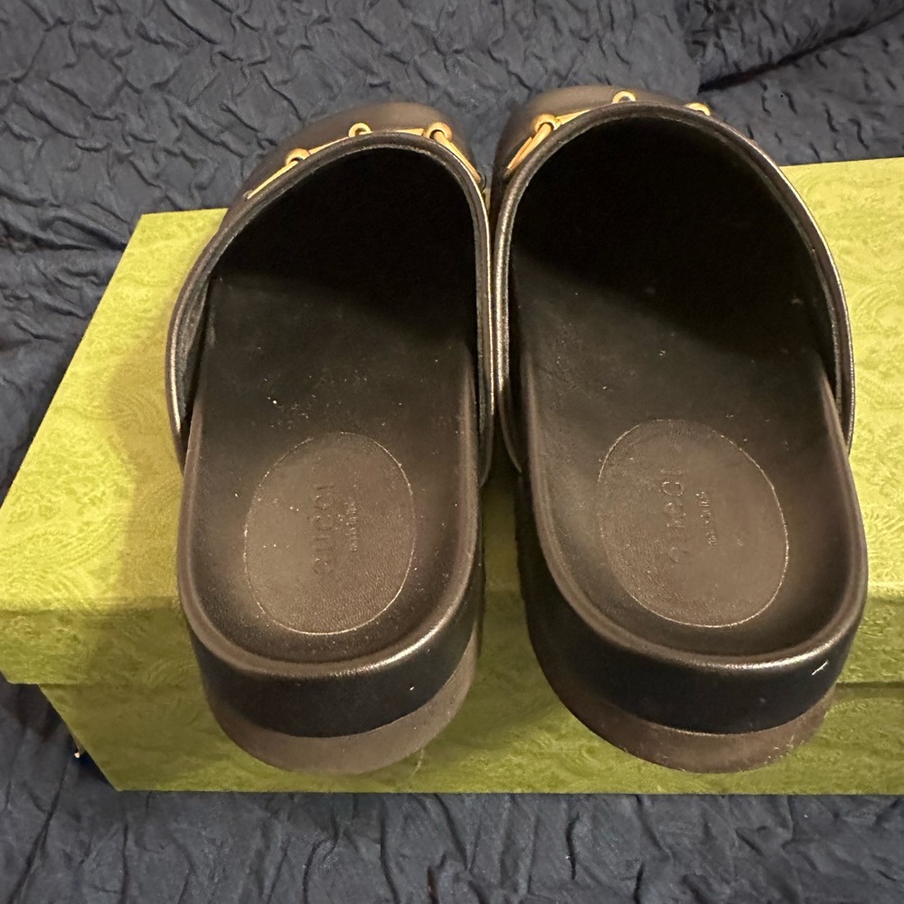 Gucci Black Leather Mules with Gold Hardware - Picture 4 of 8